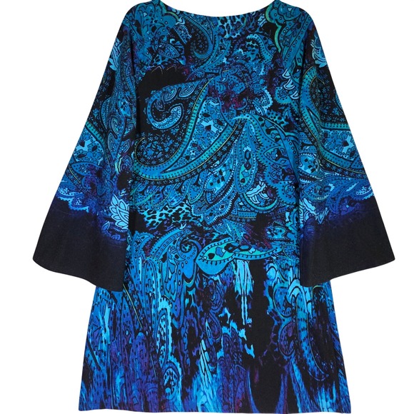 Vtg MSK Womens Large Blue Paisley Bell Sleeve Tunic Dress Blue Teal Boho Leopard - Picture 2 of 6